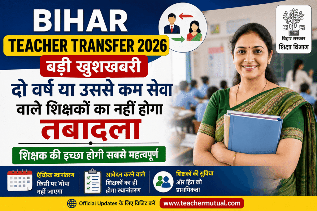 Bihar Teacher Transfer 2026 दो वर्ष या उससे कम सेवा वाले शिक्षकों का तबादला नहीं